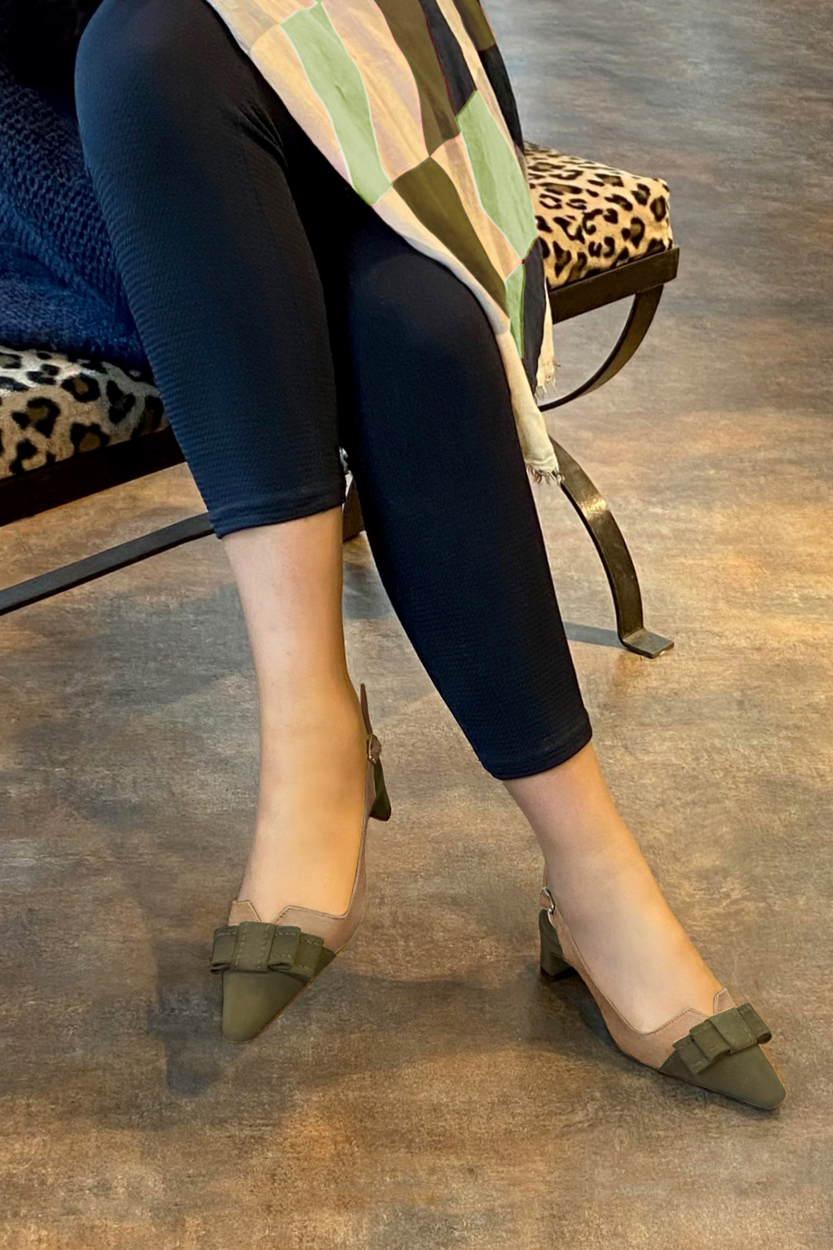 Women's khaki green and meadow green elegant slingback heels, with a bow on the front. Tapered toe. Low kitten heels - Worn view